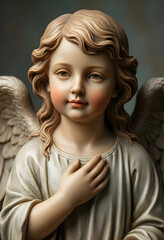 Obraz premium Spirituality and faith cherub angel statue with hand on heart for religious peace hope and divine protection in a serene and contemplative atmosphere