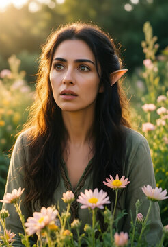 Fantasy and magic concept, young woman with elf ears in a meadow of wildflowers at sunset, ethereal beauty and nature connection in a dreamlike landscape