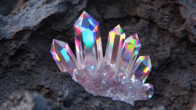 A radiant cluster of translucent, prismatic quartz crystals, displaying a spectrum of iridescent colors, emerges from a textured, earthy rock formation, evoking natural wonder and ethereal