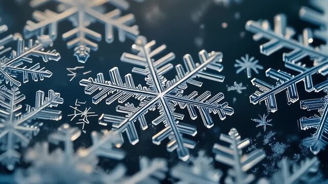 Exquisite crystalline structures of numerous intricate snowflakes glisten majestically against a deep, shimmering backdrop, evoking the magical essence of a serene winter's embrace