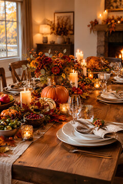 Elegant Thanksgiving dinner table with roasted turkey, pumpkins, autumn foliage, candles and seasonal dishes in a warm home interior, premium holiday lifestyle photography.