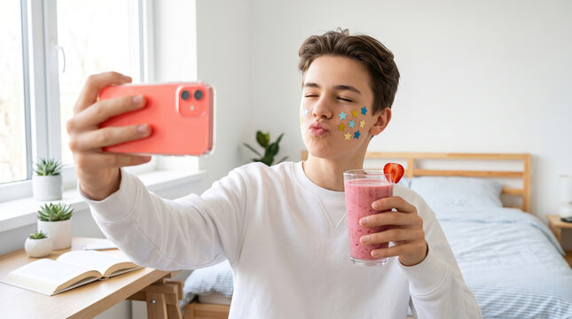 Teen boy recording a selfie video or taking a picture with a smartphone, making a kissy face with star stickers on his cheek and holding a healthy fruit smoothie in his bedroom