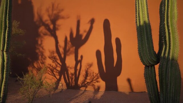 Dramatic desert shadows of saguaro cacti and arid vegetation stretch across a warm, textured terracotta wall, evoking the stark beauty of the American Southwest landscape during golden hour