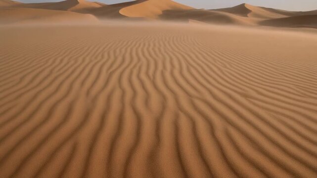Vast desert dunes sculpted by swirling winds create an expansive, textured landscape under a hazy sky, conveying a sense of arid remoteness and the power of natural forces at play across