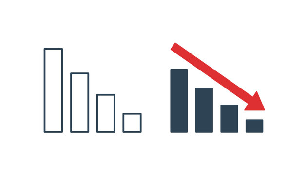 Financial analytics concept illustration showing decreasing bar charts with a prominent red downward trend arrow.