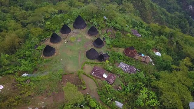 Panoramic drone view of Wae Rebo cultural heritage village in Flores Indonesia