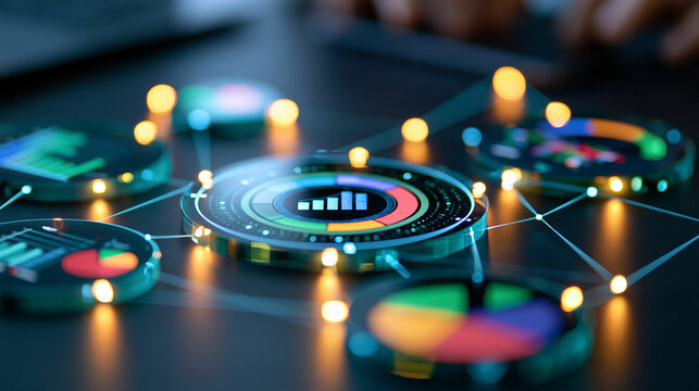 Digital financial ecosystem with interconnected charts for sales, marketing, operations and finance, enterprise business intelligence, integrated analytics, data management,