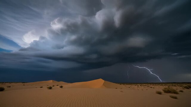 A powerful bolt of lightning strikes the distant horizon beneath a dramatic, turbulent storm cloud formation over a vast, arid desert landscape with rolling sand dunes