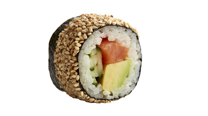 Isolated appetizing salmon avocado cucumber uramaki sushi roll topped with toasted sesame seeds © Oisin