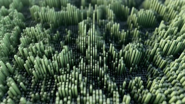 Abstract textured topographic landscape created with numerous vertical cylindrical extrusions forming an intricate, organic, and dynamic surface resembling a dense forest canopy or a futuristic