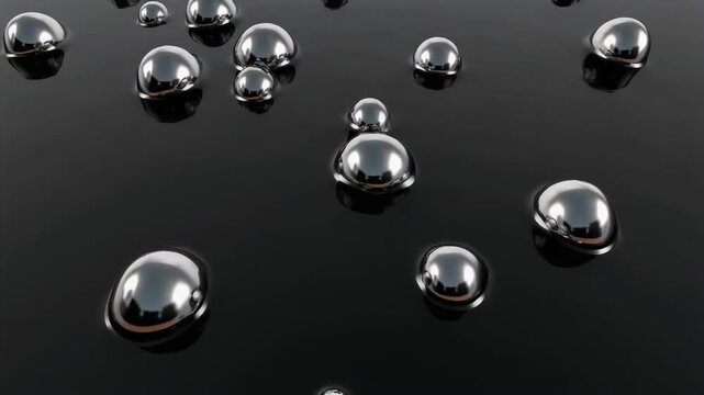 Captivating spherical liquid droplets shimmer and reflect intensely across a smooth, dark, glossy surface, creating a sense of dynamic movement and abstract beauty