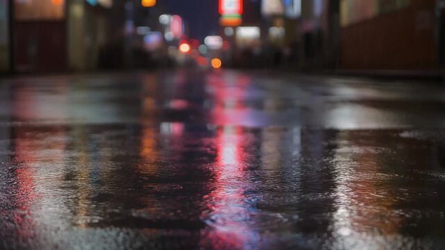 Captivating nighttime urban street scene glows with shimmering reflections on wet pavement, illuminated by vibrant neon signs and blurred lights from storefronts, creating a moody atmosphere