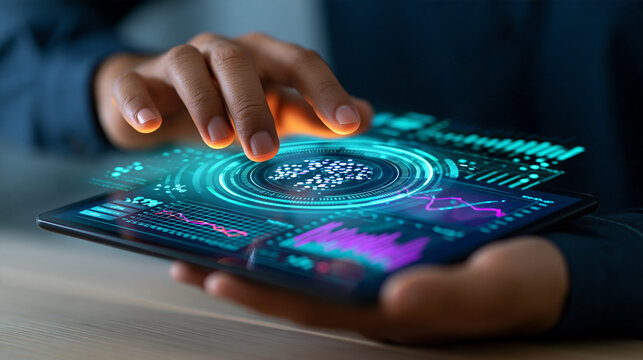AI-driven portfolio optimization concept with floating asset allocation charts, risk-return curves, financial forecasting, investment management, wealth technology, futuristic