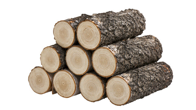 Isolated stack of natural wooden logs for firewood showing bark texture and detailed tree rings.