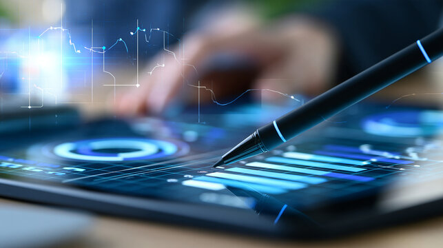 Macro view of a stylus creating a break-even chart on a transparent digital surface, cost analysis, revenue forecasting, profitability, ROI decision making, corporate finance,