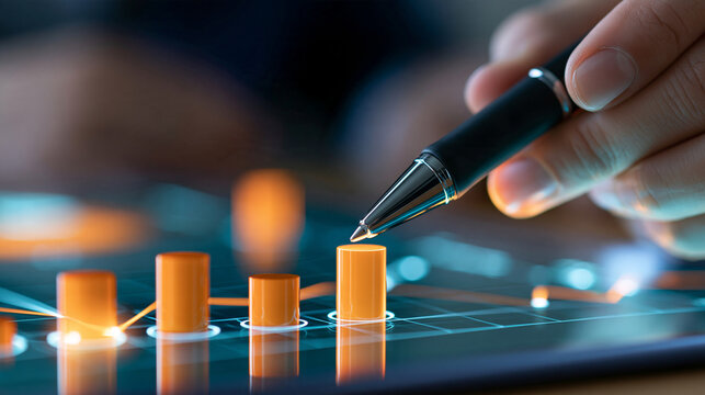 Macro view of a stylus creating a break-even chart on a transparent digital surface, cost analysis, revenue forecasting, profitability, ROI decision making, corporate finance,