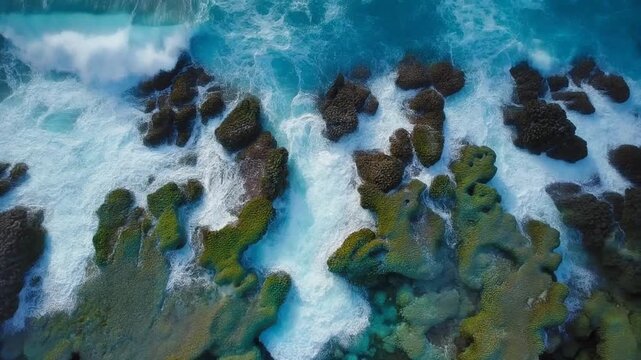 Aerial perspective reveals dramatic turquoise ocean waves crashing against rugged, moss-covered coastal rocks, creating a dynamic seascape and showcasing nature's raw power