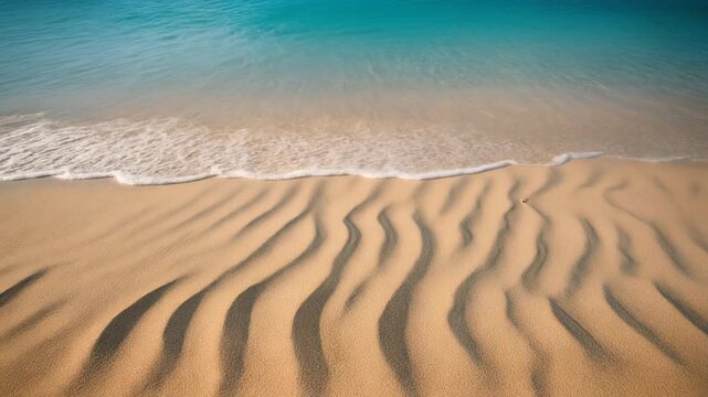 Serene ocean waves gently wash ashore onto a sandy beach, creating rippling patterns in the golden grains that stretch towards the tranquil turquoise water, evoking feelings of peace and natural