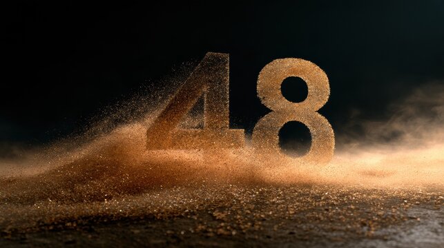 Amber particles accumulate to form the number 48 on a dark background. This reflects the concept of age and time in a philosophical way.