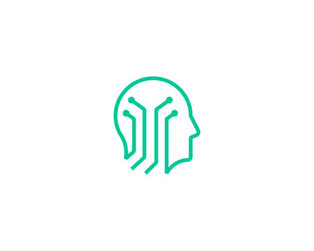 Green human head silhouette with digital circuit nodes outline logo. Minimalistic logotype for artificial intelligence, technology and cyber security startup branding.
