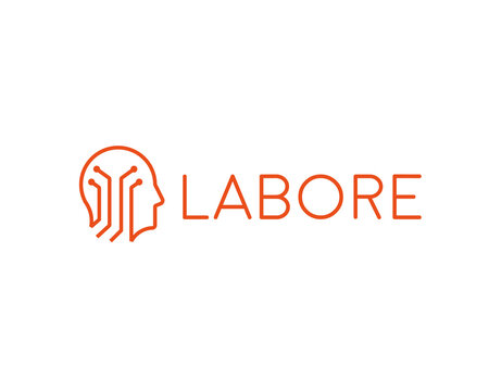 Orange human head silhouette with digital circuit nodes logo. Minimalistic logotype for artificial intelligence, technology and cyber security startup branding.