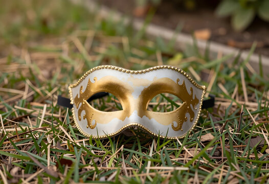 Masquerade and mystery concept, ornate venetian carnival mask lying on grass in garden for theatrical performance and hidden identity celebration