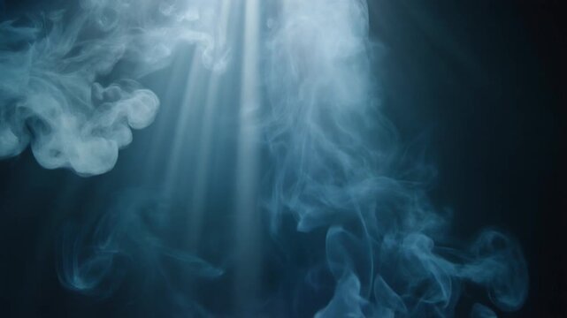 Ethereal wisps of luminous blue smoke ascend into a shadowy abyss, catching celestial rays of light that pierce the darkness, creating a dramatic and mystical atmosphere perfect for atmospheric