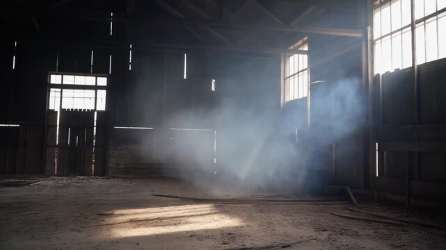 Sunlight streams through dusty windows of an abandoned, cavernous industrial warehouse, illuminating swirling mist and casting dramatic shadows across the weathered floor, evoking a sense