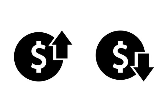Black dollar coin icons with up and down arrows representing financial increase and decrease