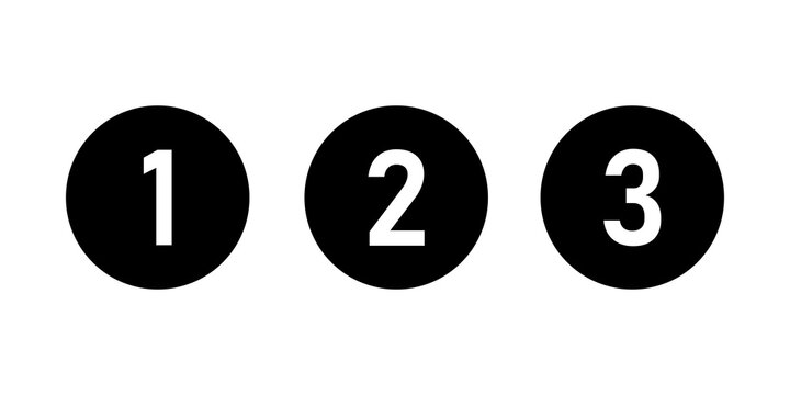Numbers one two and three inside black circles isolated design elements for counting and steps
