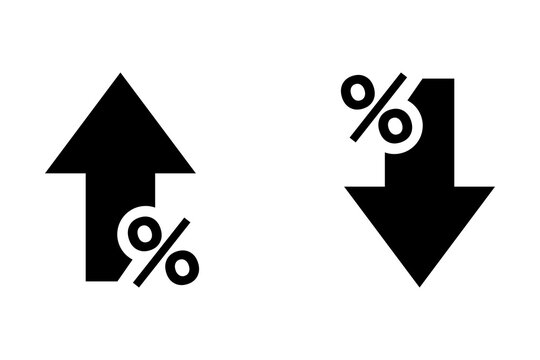 Black percent arrow icons showing increase and decrease for business finance and data analysis