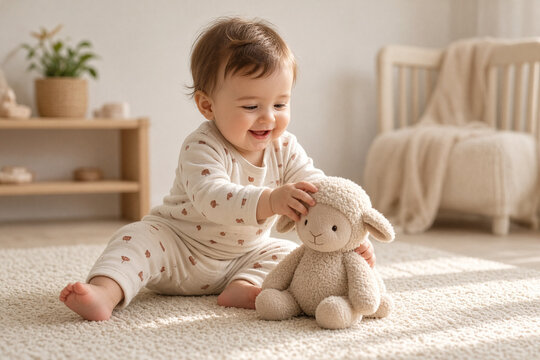 neonato che gioca con peluche sul tappeto 