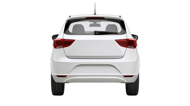 Isolated white hatchback car rear view, modern design, clean studio shot, automotive industry.