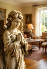 Obraz premium Spirituality and faith concept, praying angel statue with folded hands in a peaceful home interior for religious meditation and mindfulness reflection