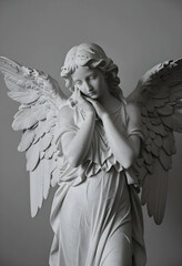 Obraz premium Grief and mourning concept, stone angel statue with hands on face in prayer or sorrow, religious sculpture for funeral and memorial service themes