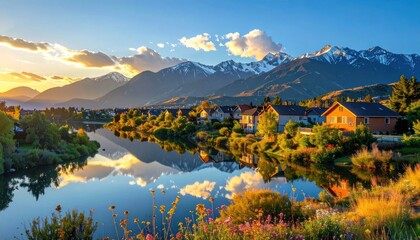 Obraz premium Mountain range reflected in a calm alpine lake.