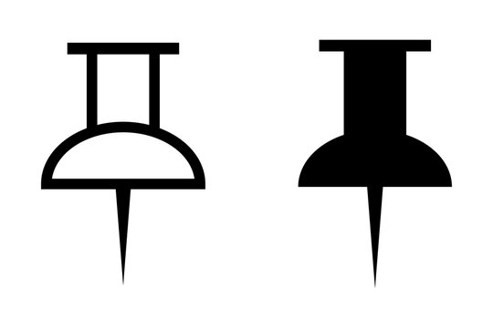 Black push pin icons set with outline and solid style for office and design projects