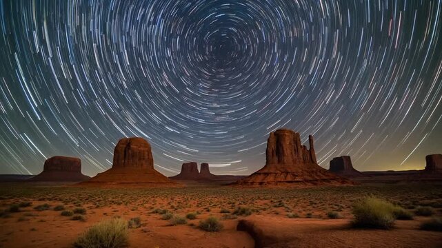Experiencing the vast desert landscape under a breathtaking celestial display of swirling star trails over iconic buttes, a profound nighttime photographic capture revealing Earth's rotation