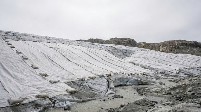 White geotextile fleece covering glacier surface with rocks, exposed ice, and meltwater beneath an overcast sky in a mountain landscape