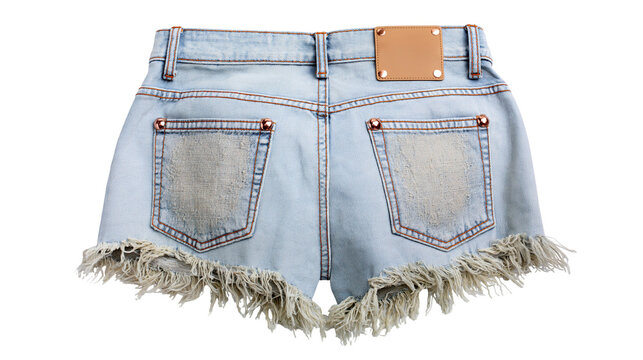 Isolated light blue denim shorts, back view, with frayed hem and leather patch, summer fashion