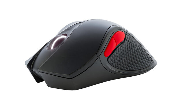 Isolated black gaming mouse with red side buttons and glowing scroll wheel on clean surface