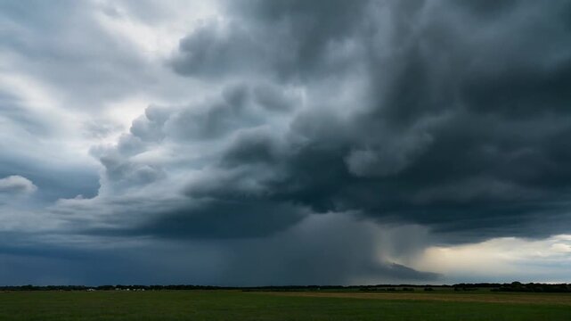 Massive, ominous cumulonimbus storm clouds gather with heavy rainfall descending upon a vast, flat agricultural landscape under a dramatic, turbulent sky