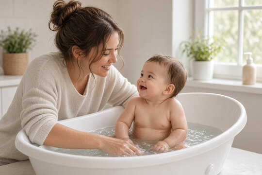mamma che fa bagno a neonato, mamma bagno neonato, bagnetto neonato, figlio, beb&egrave; 
