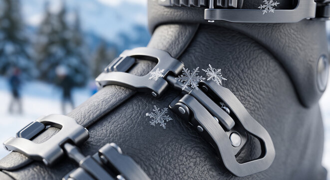 Close up of black winter ski boot with metal buckles and snowflakes, snowy mountain background. Winter sports, extreme adventure, cold weather gear.