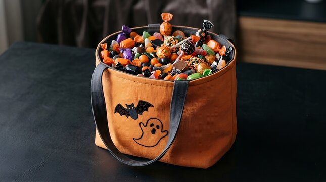 Halloween candy bag filled with mixed sweets on dark table