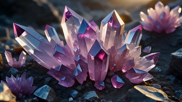 Vibrant amethyst crystals and geodes cluster together in a natural earthy environment, capturing the raw, unrefined beauty of these geological formations and their sparkling facets bathed