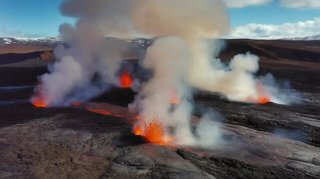 Witness the raw, untamed power of geothermal energy as molten rock erupts vigorously from the Earth's crust, painting the desolate landscape with fiery hues and billowing clouds of smoke under