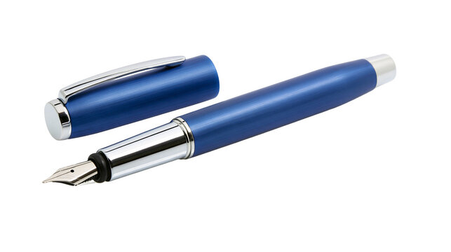 Isolated elegant blue metallic fountain pen with cap removed showing sophisticated silver nib