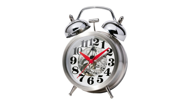 Isolated vintage mechanical alarm clock with red hands and visible gears, time concept.
