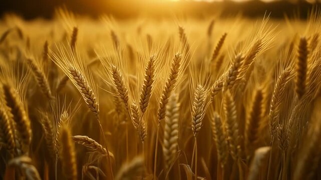 Golden wheat stalks sway gently in the warm, sun-drenched field during a beautiful agricultural harvest under the radiant afternoon glow, portraying abundance and natural beauty